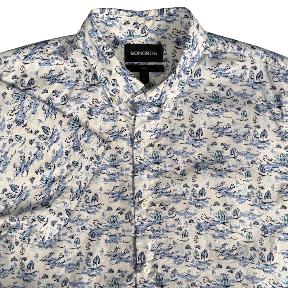 Bonobos Mens L Slim Fit Short Sleeve Button Down Shirt‎ Nautical Sailboat AOP